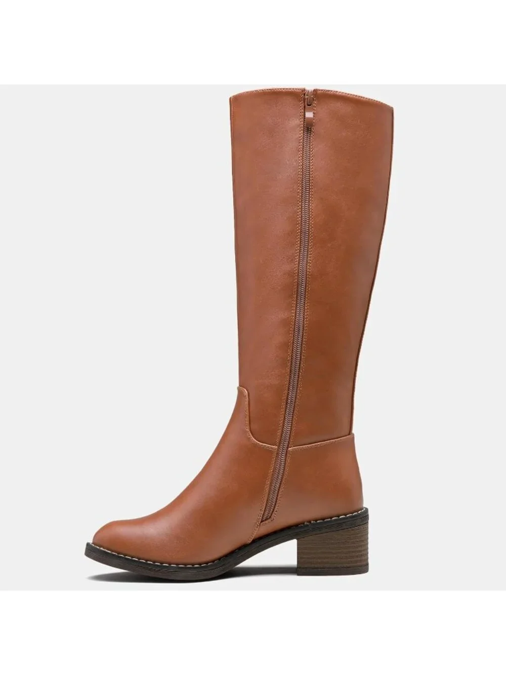Women's Brown Low Block Heel Square Toe Side Zipper Imported Knee High Boots